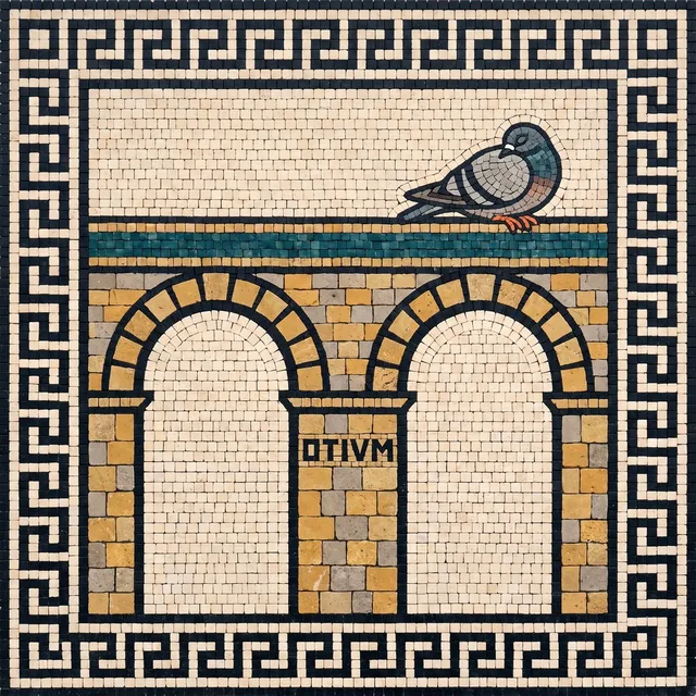 A Roman mosaic: water running full through a channel, a pigeon asleep on the rim, the inscription OTIVM