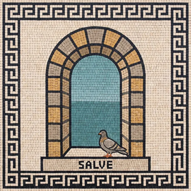 A Roman threshold mosaic: an open arched doorway with water beyond, inscribed SALVE