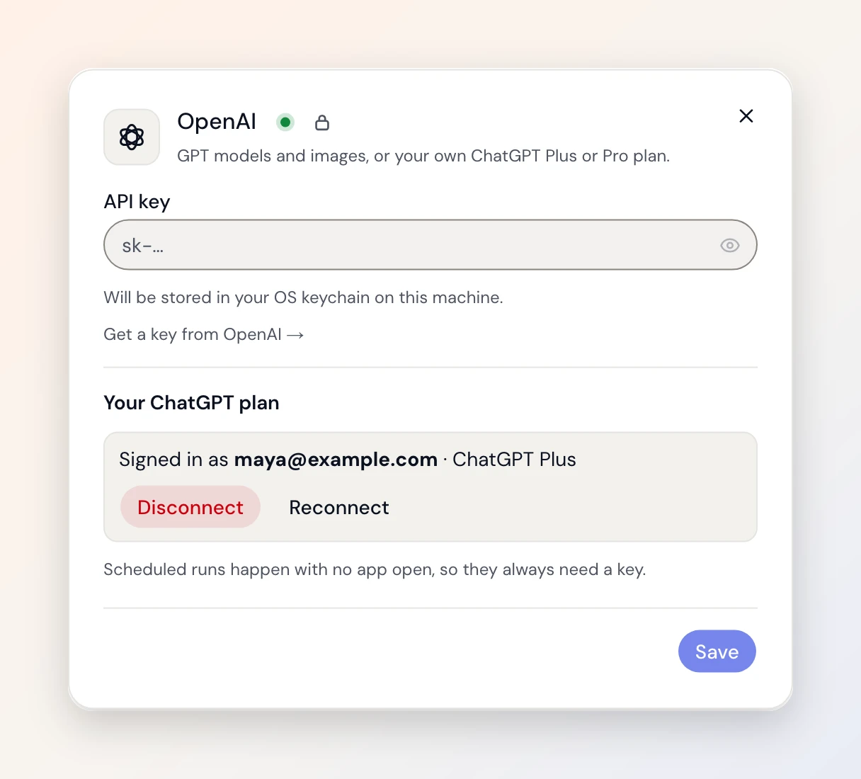 The OpenAI provider card in the desktop app, signed in with a ChatGPT Plus plan