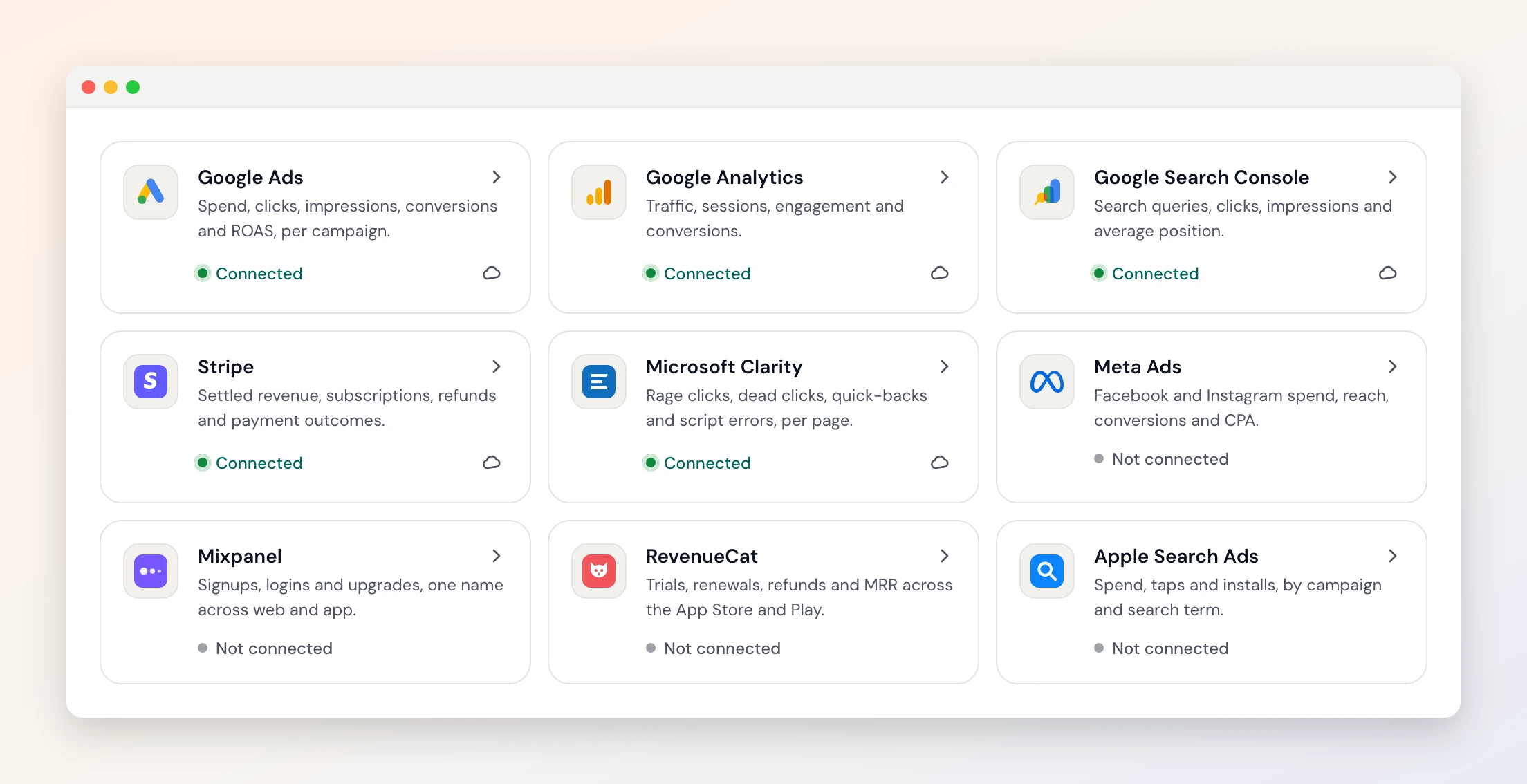The Connections page with twelve tools, five of them connected