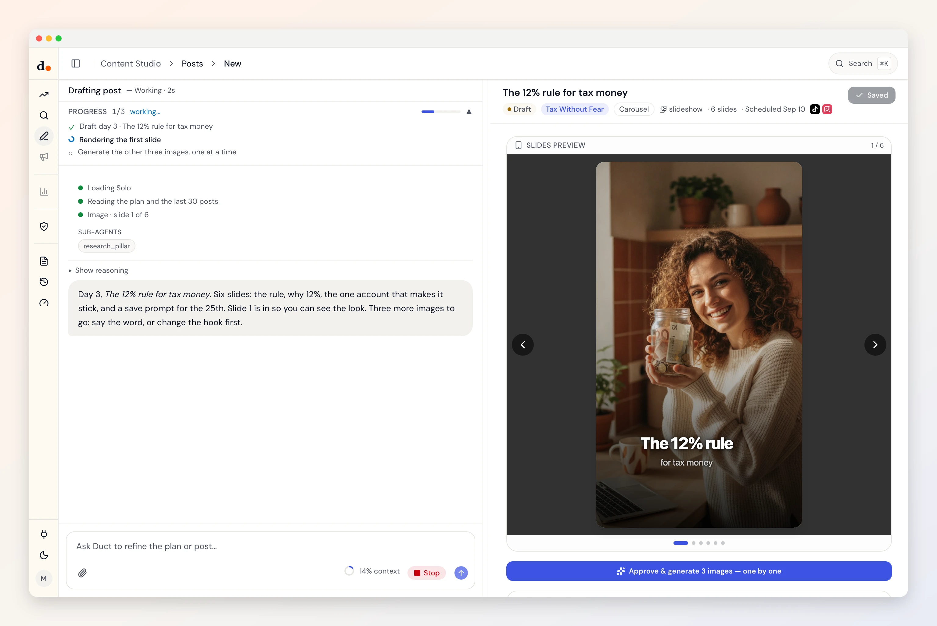 Content Studio drafting a carousel: the agent's progress and its note on the left, the first slide rendered on the right with the approve button under it